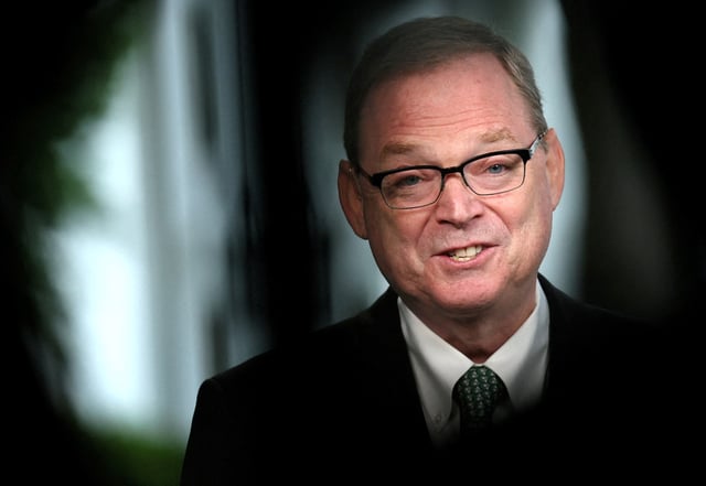 White House economic adviser Kevin Hassett gives a TV interview outside of the White House in Washington, U.S., May 9, 2025. REUTERS/Leah Millis/File Photo