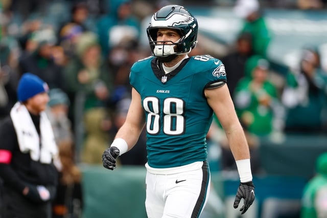 Dallas Goedert #88 of the Philadelphia Eagles warms up on the field prior to the NFC Divisional Playoff game against the Los Angeles Rams at Lincoln Financial Field on January 19, 2025 in Philadelphia, Pennsylvania.