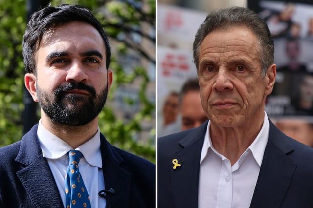 Mayoral Candidate Zohran Mamdani speaks to a crowd in Union Square on April 25, 2025 and former New York Governor and mayoral candidate Andrew Cuomo marches in the Israel Day Parade, Sunday, May 18, 2025, in New York.