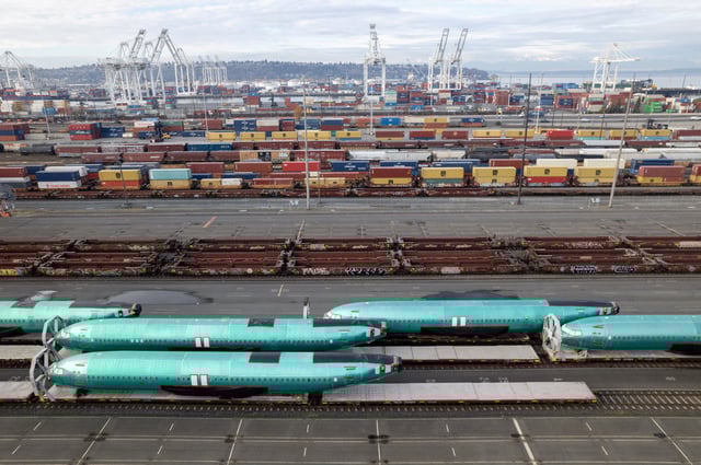 A drone view shows Boeing 737 MAX fuselages atop rail cars at a train yard in Seattle, Washington, U.S., December 5, 2024. REUTERS/Matt Mills McKnight/File Photo