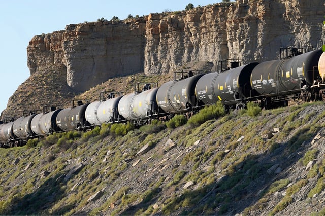 A train transports freight on a common carrier line near Price, Utah, on July 13, 2023.