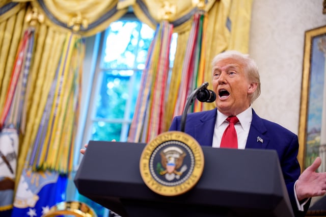 President Donald Trump speaks during a swearing in ceremony for U.S. Attorney for Washington, D.C. Jeanine Pirro in the Oval Office of the White House on May 28, 2025 in Washington, DC.