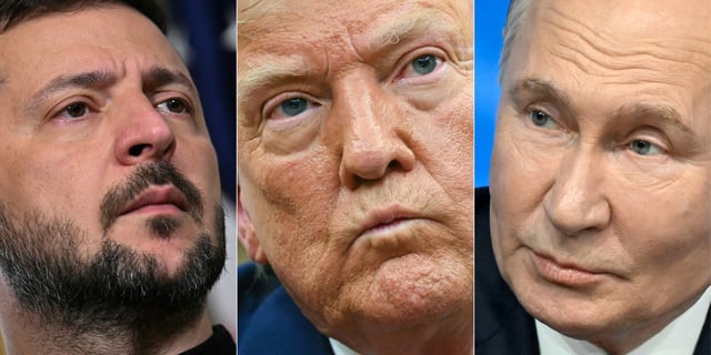 This combination of pictures created on May 25, 2025 shows (from left) Volodymyr Zelensky Donald Trump and Vladimir Putin.