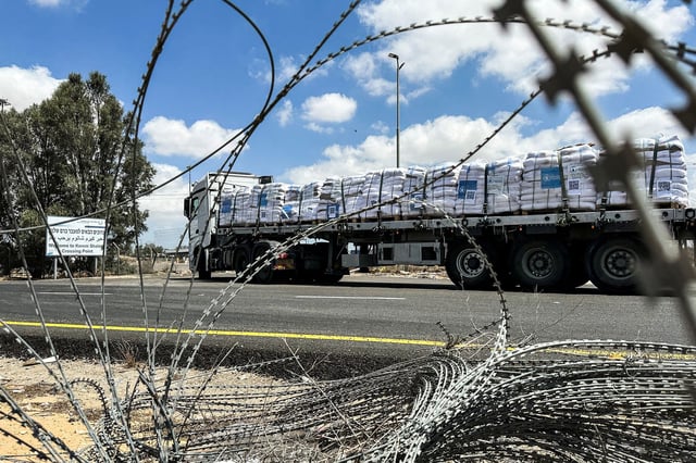 A truck carrying aid arrives at the Kerem Shalom crossing between Israel and Gaza, on the Israeli side, May 28, 2025.