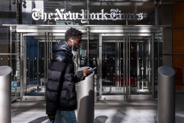 The New York Times building stands in Midtown on February 07, 2024 in New York City.
