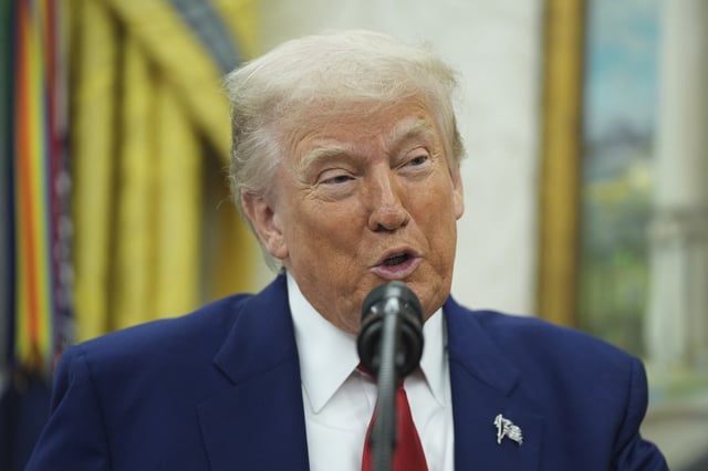 President Donald Trump speaking during a swearing in ceremony for interim U.S. Attorney General for the District of Columbia Jeanine Pirro, Wednesday, May 28, 2025, in the Oval Office of the Washington.