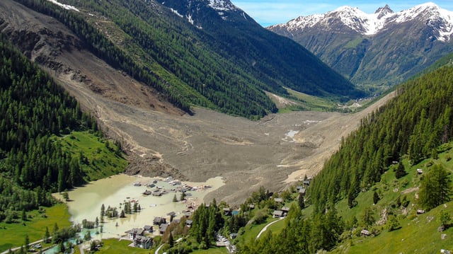 This photograph shows the small village of Blatten, in the Bietschhorn mountain of the Swiss Alps, destroyed by a landslide after part of the huge Birch Glacier collapsed and swallowed up by the river Lonza the day before, on May 29, 2025.