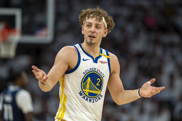 May 14, 2025; Minneapolis, Minnesota, USA; Golden State Warriors guard Brandin Podziemski (2) reacts to a foul called against the Minnesota Timberwolves in the second half during game five of the second round for the 2025 NBA Playoffs at Target Center. Mandatory Credit: Jesse Johnson-Imagn Images/File Photo