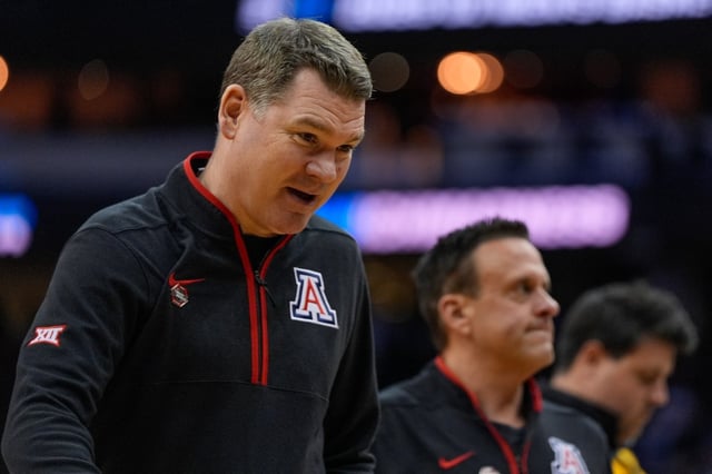 Arizona head coach Tommy Lloyd walks off the floor after losing to Duke in a Sweet 16 round NCAA college basketball tournament game, Friday, March 28, 2025, in Newark, N.J. (AP Photo/Julia Demaree Nikhinson)