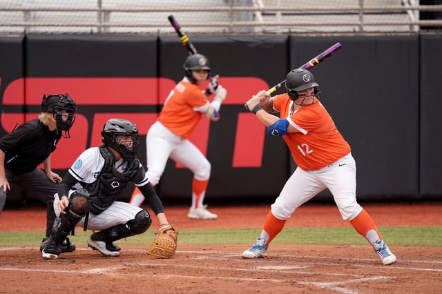 Taylor Edwards takes her at-bat during an Athletes Unlimited Pro game at Max R. Joyner Family Stadium in an August 2024 game. Edwards is among the players who will be taking part in the Athletes Unlimited Softball League's inaugural season this year.