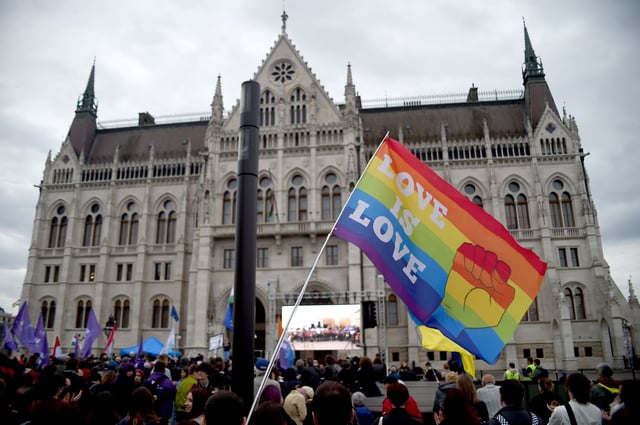 A rally in front of the Hungarian Parliament in Budapest, Hungary, on April 14, 2025, after legislation outlawing LGBTQ gatherings was passed.