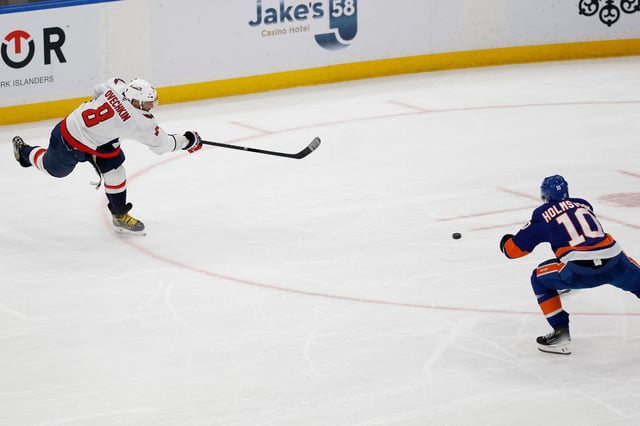 Apr 6, 2025; Elmont, New York, USA; Washington Capitals left wing Alex Ovechkin (8) scores a goal in the 2nd period against the New York Islanders at UBS Arena. The goal is the 895th of Ovechkin’s career, breaking the NHL all-time career goals record previously held by Wayne Gretzky.at UBS Arena. Mandatory Credit: Geoff Burke-Imagn Images