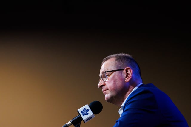 Brad Treliving, general manager of the Toronto Maple Leafs holds a press conference at the Ford Performance Centre in Toronto on Thursday, May 29, 2025.