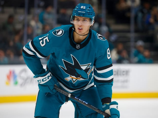 San Jose Sharks’ Shakir Mukhamadullin (85) waits for a face-off against the Winnipeg Jets in the first period at the SAP Center in San Jose, Calif., on Tuesday, Dec. 17, 2024. (Nhat V. Meyer/Bay Area News Group)