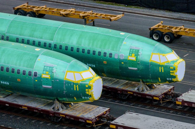Boeing 737 Max fuselages on railcars on Oct. 24, 2024 in Seattle.