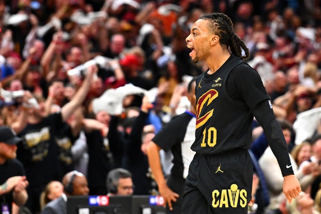 CLEVELAND, OHIO - MAY 13: Darius Garland #10 of the Cleveland Cavaliers celebrates against the Indiana Pacers during the fourth quarter in Game Five of the Eastern Conference Second Round NBA Playoffs at Rocket Arena on May 13, 2025 in Cleveland, Ohio.