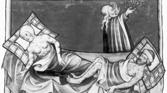 A painting scene of people suffering from the bubonic plague in the 15th century from the Toggenberg Bible.