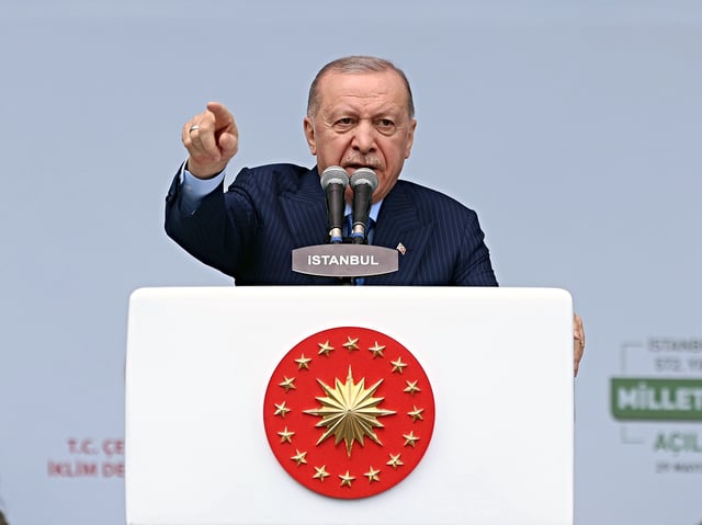 ISTANBUL, TURKIYE - MAY 29: (----EDITORIAL USE ONLY - MANDATORY CREDIT - 'TURKISH PRESIDENCY / MURAT KULA / HANDOUT' - NO MARKETING NO ADVERTISING CAMPAIGNS - DISTRIBUTED AS A SERVICE TO CLIENTS----) Turkish President Recep Tayyip Erdogan delivers a speech at the Opening Ceremony of Nation's Gardens on the 572nd Anniversary of Istanbul's Conquest at the Beykoz Nation's Garden in Istanbul, Turkiye on May 29, 2025. (Photo by TUR Presidency / Murat Kula / Handout /Anadolu via Getty Images)