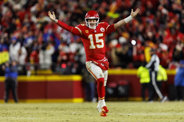 KANSAS CITY, MISSOURI - JANUARY 26: Quarterback Patrick Mahomes #15 of the Kansas City Chiefs celebrates after defeating the Buffalo Bills during the second half of the AFC Championship game, at GEHA Field at Arrowhead Stadium on January 26, 2025 in Kansas City, Missouri.