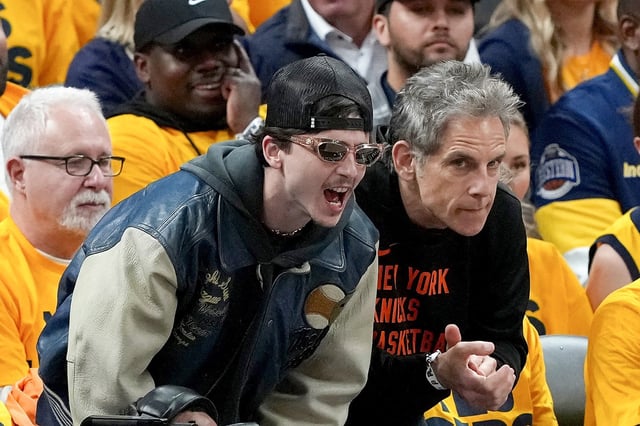 INDIANAPOLIS, INDIANA - MAY 27: Timothée Chalamet and Ben Stiller attend Game Four of the Eastern Conference Finals of the 2025 NBA Playoffs between the New York Knicks and the Indiana Pacers at Gainbridge Fieldhouse on May 27, 2025 in Indianapolis, Indiana. NOTE TO USER: User expressly acknowledges and agrees that, by downloading and or using this photograph, User is consenting to the terms and conditions of the Getty Images License Agreement. (Photo by Dylan Buell/Getty Images)