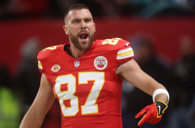 Travis Kelce #87 of the Kansas City Chiefs warms up prior to the NFL match between Miami Dolphins and Kansas City Chiefs at Deutsche Bank Park on November 05, 2023 in Frankfurt am Main, Germany.
