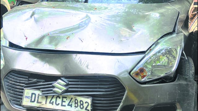 The car involved in the crash. The deceased were identified as Aseem Ansari, 45, and Phool Singh, 35. (HT Photo)