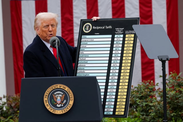 President Donald Trump delivers remarks on tariffs in the Rose Garden at the White House in Washington, D.C., U.S., April 2, 2025.