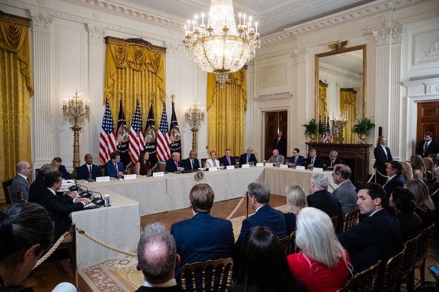Brooke Rollins, US agriculture secretary, center left, US President Donald Trump, center, and Robert F. Kennedy Jr., US secretary of Health and Human Services (HHS), center right, during a Make America Healthy Again Commission event in the East Room of the White House in Washington, DC, US, on Thursday, May 22, 2025. The Trump administration issued a report blaming the rise in chronic diseases in the US on unhealthy food ingredients, chemicals, overreliance on medication and corporate spending. Photographer: Francis Chung/Politico/Bloomberg via Getty Images