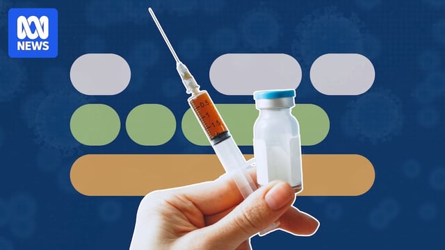 A graphic showing a hand holding a needle and vaccine bottle, imposed ontop of a vaccine schedule and a navy blue background
