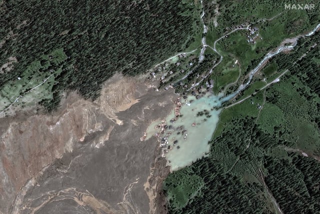 A satellite image shows the destruction caused by the Birch Glacier&#39;s collapse on Wednesday in Switzerland, consisting of a violent surge of ice, rock and mud followed by a dense dust cloud that swallowed the Alpine village of Blatten.