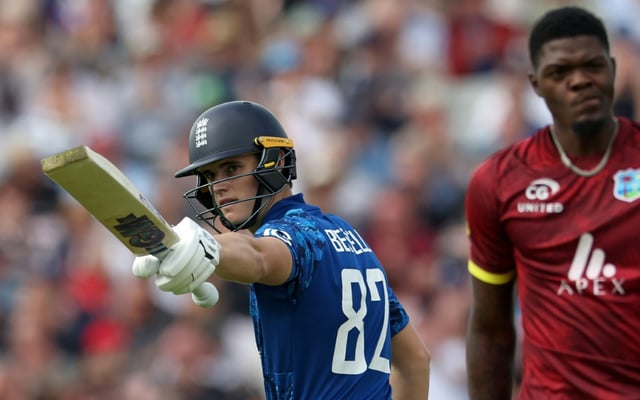 England's Jacob Bethell acknowleges his fifty during the 1st ODI against the West Indies at Edgbaston -- he went on to top-score with 82 in a 238-run win