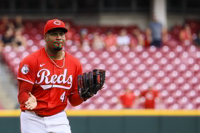 Cincinnati Reds relief pitcher Alexis Diaz (43) reacts after the victory over the Houston Astros at Great American Ball Park.