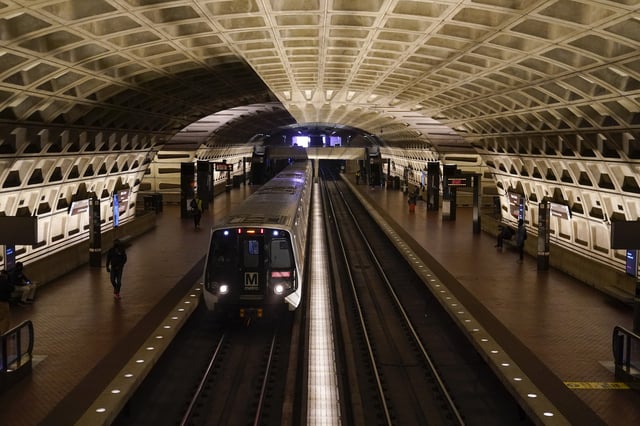 A train arrives at Metro Center station, April 23, 2021, in Washington D.C.