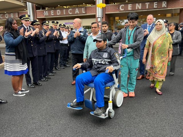 NYPD Officer Chowdhury Nafees is pictured after being discharged from Jacobi Medical Center in the Bronx on Wednesday, May 28, 2025. (Barry Williams / New York Daily News)
