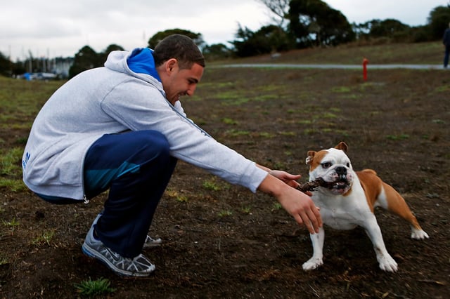 Golden State Warriors’ Klay Thompson plays with his dog, Rocco, at Cesar Chavez Park in Berkeley, Calif., on Wednesday, Nov. 19, 2014.