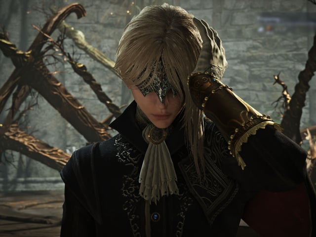 Elden Ring Nightreign unlock Duchess: A close-up shot of the Duchess with her left hand raised to her head to remove a mask.