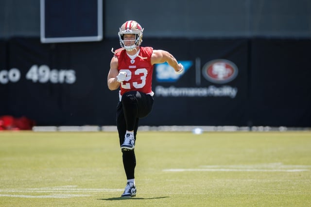 San Francisco 49ers running back Christian McCaffrey (23) takes part in a practice on Thursday, May 29, 2025, in Santa Clara, Calif. (Dai Sugano/Bay Area News Group)