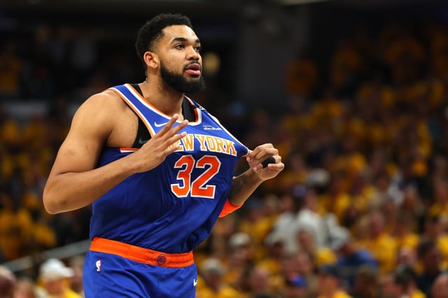 INDIANAPOLIS, INDIANA - MAY 27:  Karl-Anthony Towns #32 of the New York Knicks reacts during the first quarter against the Indiana Pacers in Game Four of the Eastern Conference Finals of the 2025 NBA Playoffs at Gainbridge Fieldhouse on May 27, 2025 in Indianapolis, Indiana. NOTE TO USER: User expressly acknowledges and agrees that, by downloading and or using this photograph, User is consenting to the terms and conditions of the Getty Images License Agreement. (Photo by Gregory Shamus/Getty Images)