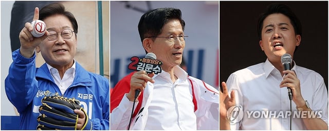 This combined photo taken May 29, 2025, shows presidential candidates of South Korea's major political parties -- (from L to R) Lee Jae-myung of the liberal Democratic Party, Kim Moon-soo of the conservative People Power Party and Lee Jun-seok of the minor conservative New Reform Party -- during their campaign rallies ahead of the June 3 presidential election. (Yonhap)
