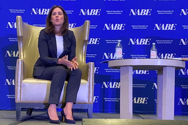 Federal Reserve Bank of Dallas President Lorie Logan speaks at a conference of the National Association for Business Economics in Dallas, Texas, U.S., October 9, 2023. REUTERS/Ann Saphir/File Photo