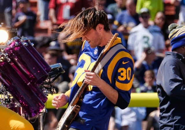 In this Sept. 18, 2016, file photo, guitarist Josh Klinghoffer plays during a performance with the Red Hot Chili Peppers at the Los Angeles Memorial Coliseum in Los Angeles. The former Red Hot Chili Peppers guitarist is being sued for wrongful death and negligence after allegedly hitting and killing a pedestrian in Alhambra in March 2024. (AP Photo/Richard Vogel, File)