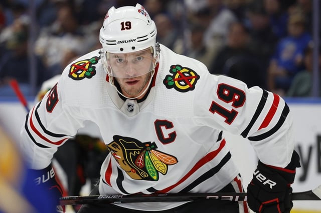 FILE - Chicago Blackhawks center Jonathan Toews (19) lines up for a face off during the first period of an NHL hockey game against the Buffalo Sabres, Saturday, Oct. 29, 2022, in Buffalo, N.Y. (AP Photo/Jeffrey T. Barnes, File)