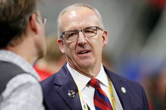 Dec 31, 2022; Atlanta, Georgia, USA; SEC commissioner Greg Sankey talks before the 2022 Peach Bowl between the Georgia Bulldogs and the Ohio State Buckeyes at Mercedes-Benz Stadium. Mandatory Credit: Brett Davis-USA TODAY Sports/File Photo