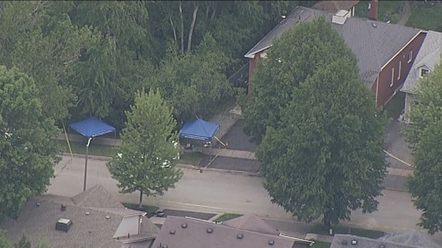 An ariel shot shows the scene of a fatal stabbing in Pickering, Ont. Police later issued an emergency alert for residents to shelter in place.