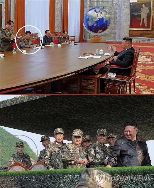 In this combined photo, North Korean leader Kim Jong-un (R, top) presides over an enlarged meeting of the Central Military Commission of the ruling Workers' Party of Korea on May 28, 2025, in this photo carried by the North's official Korean Central News Agency. Jong Kyong-thaek (in white circle, top), director of the General Political Bureau of the Korean People's Army, was shown with the rank of general during the military commissions' meeting, but he was detected wearing the lower rank insignia of colonel general on his uniform during a firing contest among military artillery units held on May 29. (For Use Only in the Republic of Korea. No Redistribution) (Yonhap)