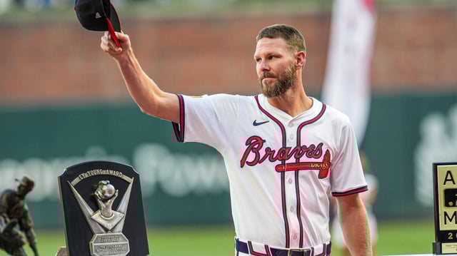 Apr 9, 2025; Cumberland, Georgia, USA; Atlanta Braves pitcher Chris Sale (51) reacts to the fans as he is honored for winning the 2024 NL Cy Young Award and other awards prior to the game against the Philadelphia Phillies at Truist Park.