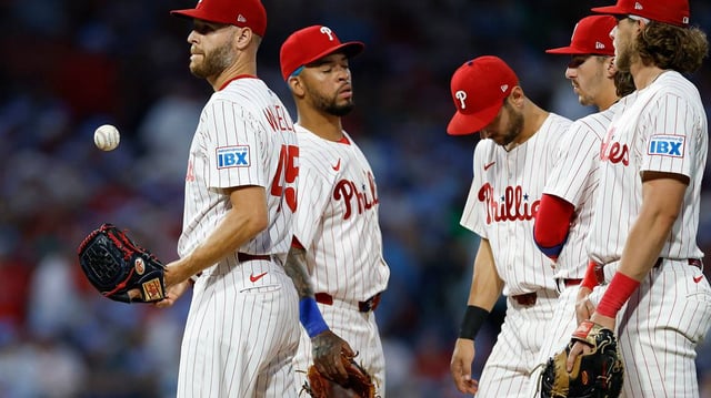 Philadelphia Phillies pitcher Zack Wheeler saw his career-high 26 inning scoreless streak come to an end on Thursday, May 29, 2025, against the Atlanta Braves at Citizens Bank Park in Philadelphia. (Yong Kim/The Philadelphia Inquirer/TNS)