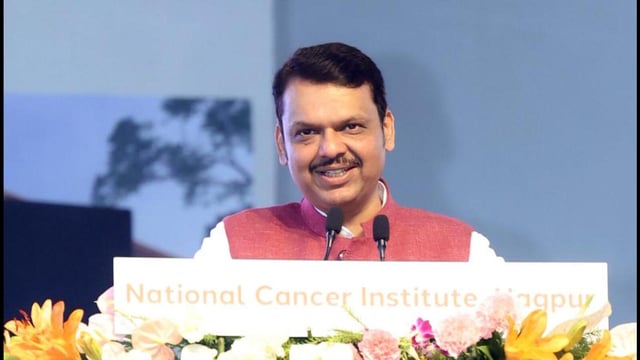 Nagpur, May 26 (ANI): Maharashtra Chief Minister Devendra Fadnavis addresses the gathering during the 'Bhoomipujan' of 'Swasti Niwas', at National Cancer Institute, in Nagpur on Monday. (ANI Photo) (CMO Maharashtra - X)