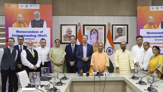 Chief minister Yogi Adityanath attends an MoU signing ceremony between the Uttar Pradesh government and Monash University, Australia, in Lucknow on Thursday. (PTI PHOTO)