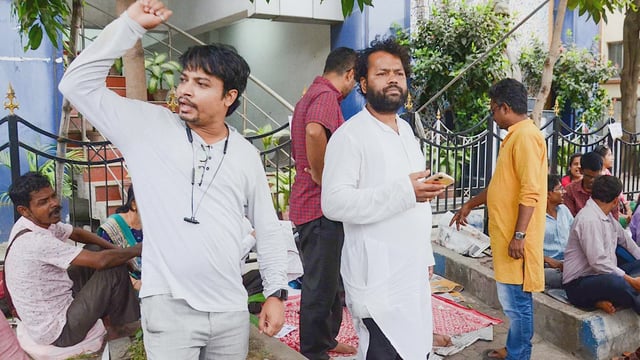 Jobless teachers initiate a hunger strike protesting the termination following a Supreme Court verdict on the SSC recruitment process near SSC Bhawan in Salt Lake, Kolkata, on Thursday, April 10, 2025. (Photo: IANS)